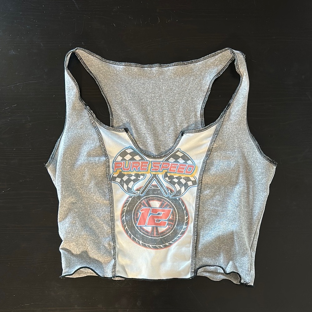 Gray v cut Tank Top with racecar Graphic